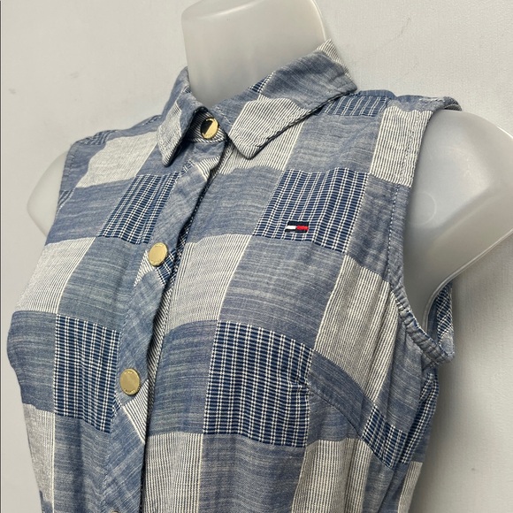 Tommy Hilfiger Sleeveless Shirt Dress Blue Patchwork Plaid Tie Waist Size 2 - Picture 4 of 11
